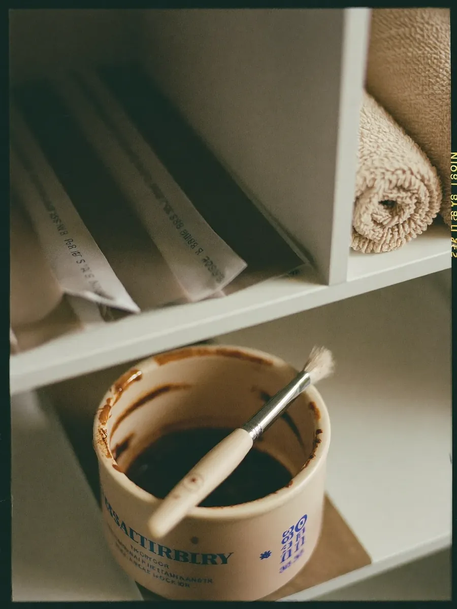 Tinting bowl, brush, foils and folded towels on a colouring station shelf
